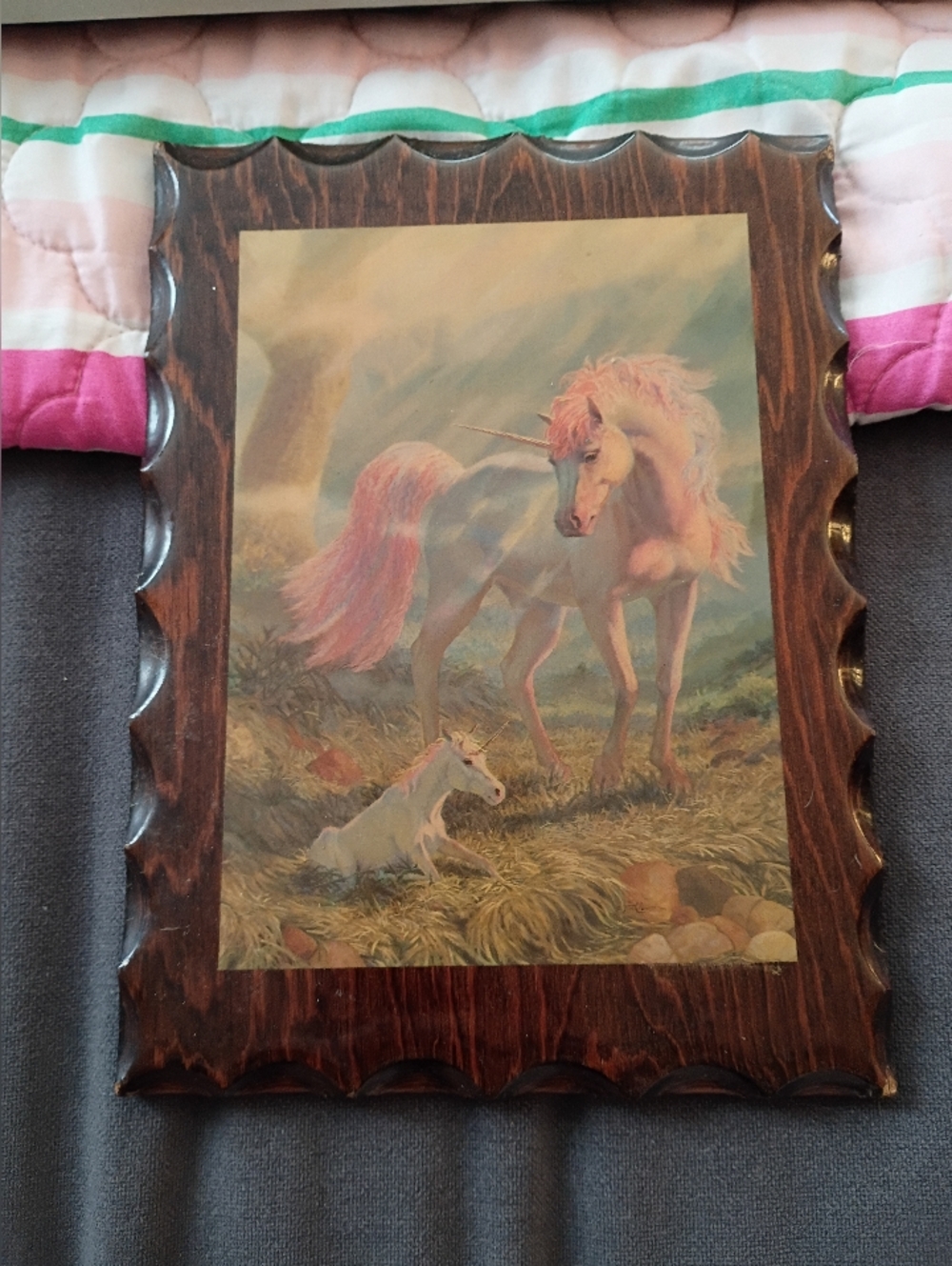 Vintage Unbranded Pink Unicorn Wall Art in Wood Frame